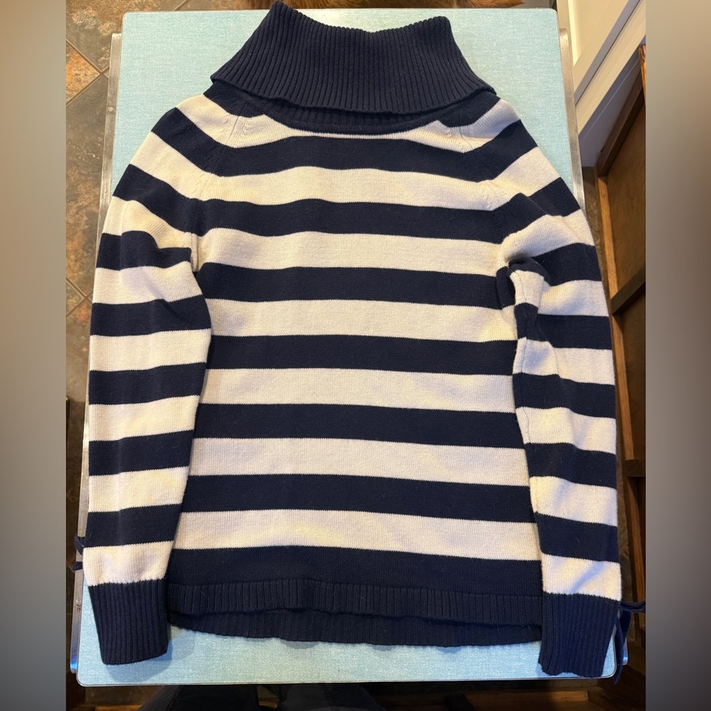 Banana Republic Navy and Cream Striped Turtleneck Sweater Side Tie